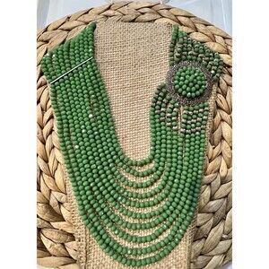 Vintage Beaded Necklace 16in Green Beads Clasp Closure Multi-Strand Set